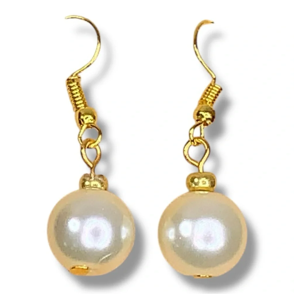 Gold White Large Pearl Bead Dangle Earrings Wedding Event Formal Hook Back